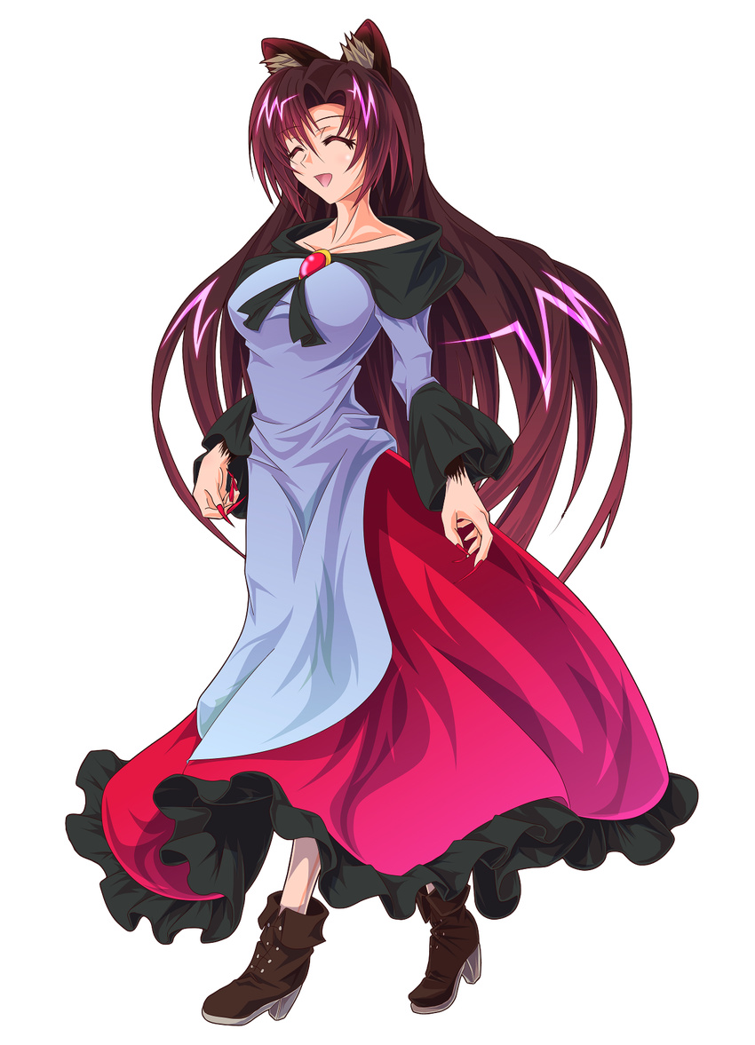 animal_ears breasts brooch brown_hair closed_eyes collarbone dress fingernails full_body fur happy highres imaizumi_kagerou jewelry large_breasts long_fingernails long_hair nail_polish open_mouth red_eyes shiny shiny_hair solo tachi-e touhou transparent_background wolf_ears zephid