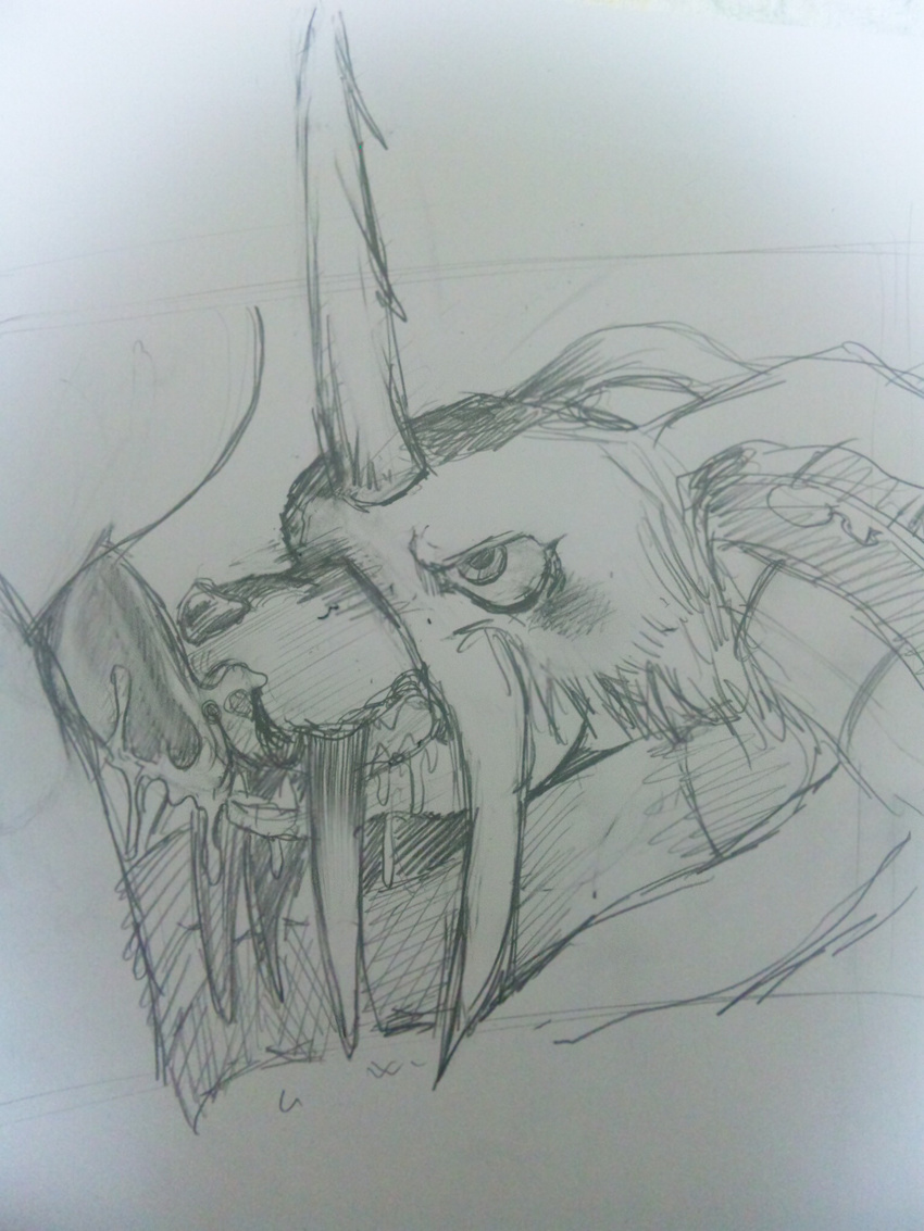 anthro black_and_white blush cum cum_in_mouth cum_inside cum_on_face digimon fangs fellatio greyscale horn inukamiinukami licking male monochrome open_mouth oral pencil_(artwork) penis plain_background sex teeth tongue tongue_out traditional_media_(artwork) zudomon