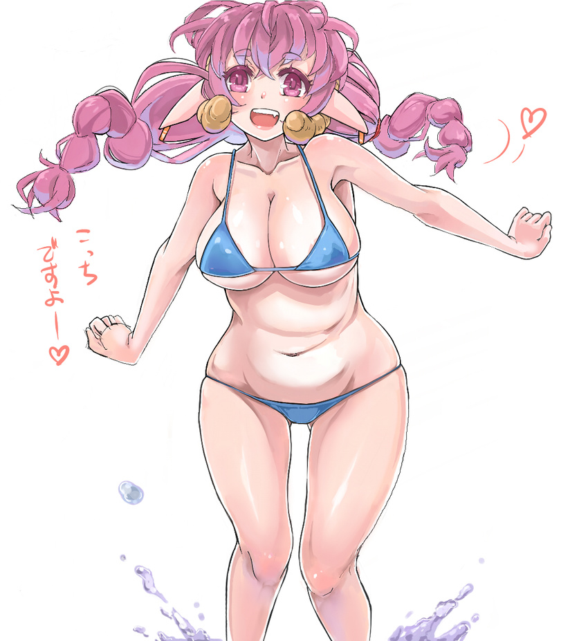 animal_ears bikini blue_bikini braid breasts cleavage heart highres horns kntrs_(knyrs) large_breasts long_hair navel open_mouth original purple_eyes purple_hair sheep_ears sheep_girl sheep_horns smile solo swimsuit translation_request twin_braids underboob water