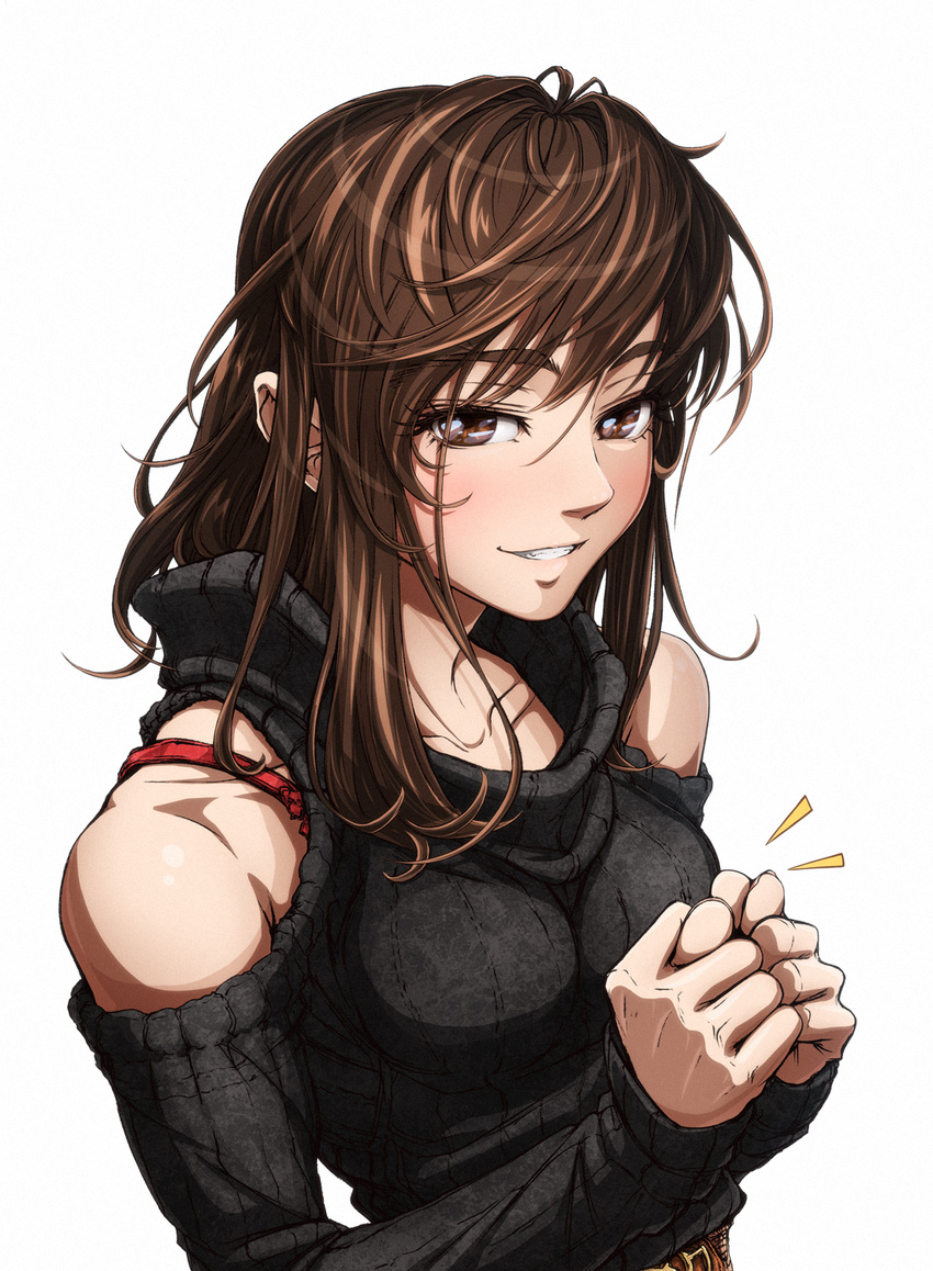 artist_self-insert bangs bare_shoulders blush bra bra_strap breast_padding brown_eyes brown_hair clenched_hands collarbone commentary crossdressing detached_sleeves eyebrows fig_sign grin hands_together highres imizu_(nitro_unknown) imizu_(nitro_unknown)_(character) long_hair long_sleeves looking_at_viewer male_focus naughty_face original otoko_no_ko parted_lips red_bra revision ribbed_sweater simple_background smile solo sweater swept_bangs turtleneck underwear upper_body white_background