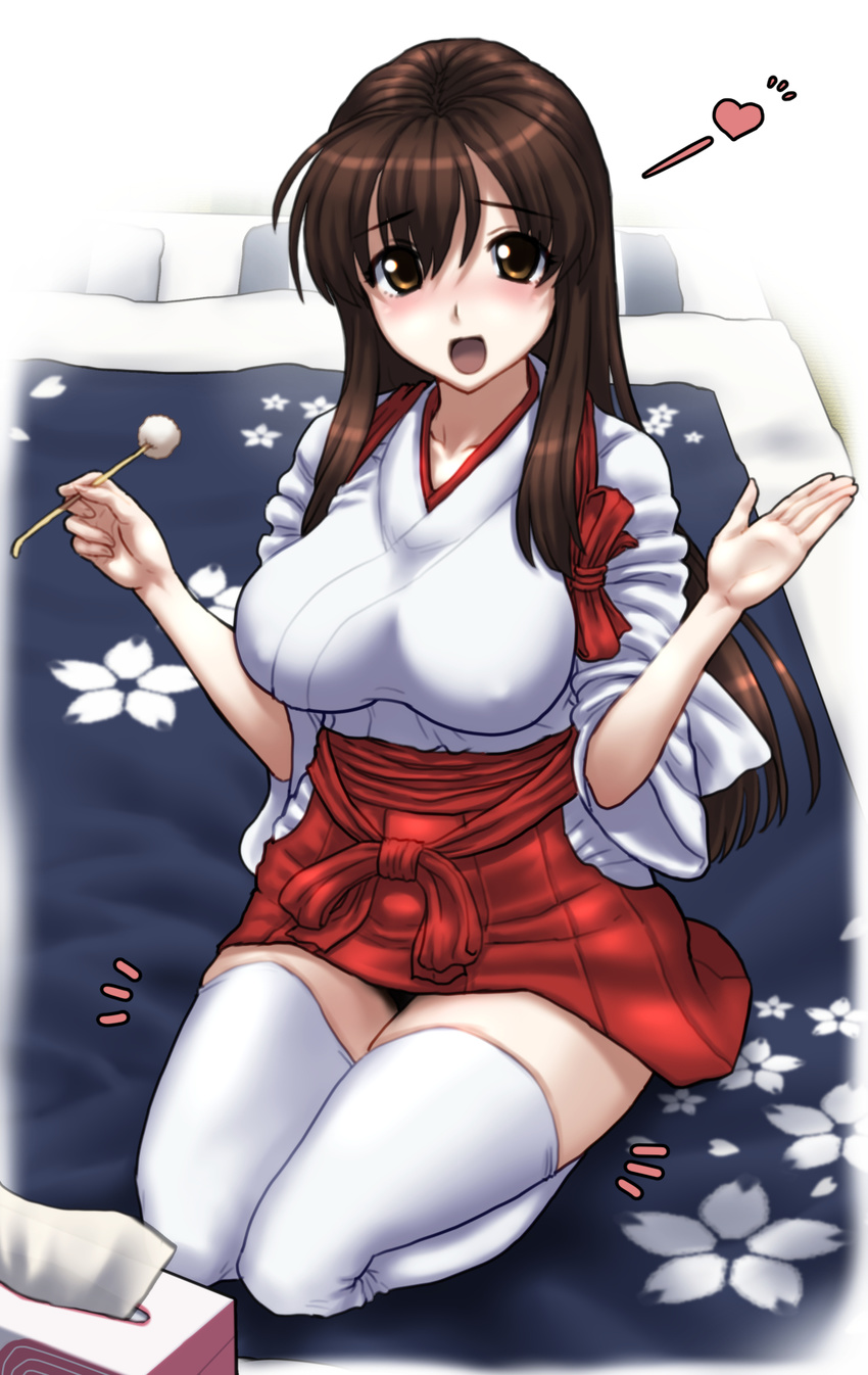 akagi_(kantai_collection) blush breasts brown_eyes covered_nipples futon hakama_skirt heart highres japanese_clothes kantai_collection kezune_(i-_-i) large_breasts long_hair looking_at_viewer mimikaki open_mouth pillow skirt smile solo tasuki thighhighs tissue_box white_legwear zettai_ryouiki