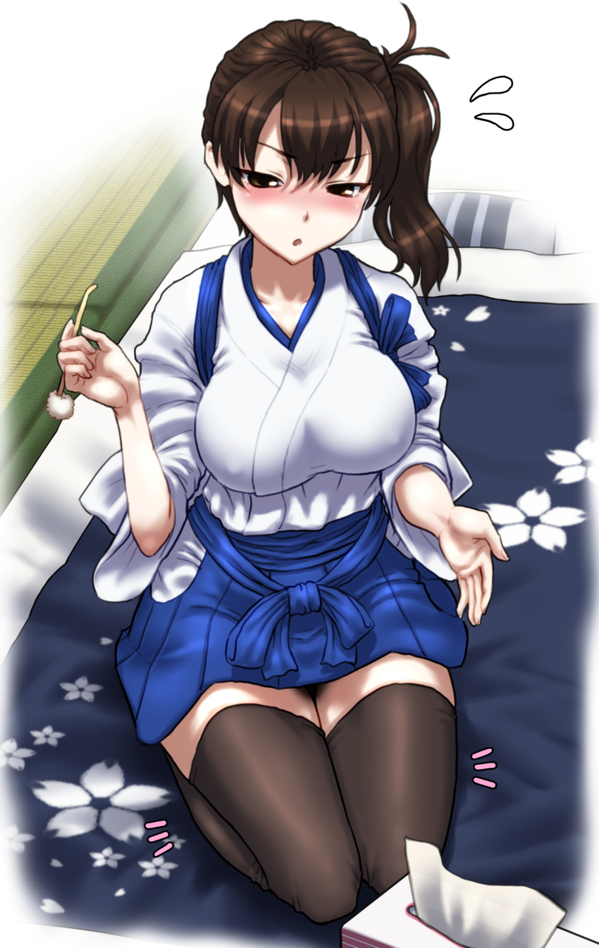 black_legwear blush breasts brown_eyes brown_hair covered_nipples flying_sweatdrops futon hakama_skirt highres japanese_clothes kaga_(kantai_collection) kantai_collection kezune_(i-_-i) large_breasts looking_at_viewer mimikaki pillow short_hair side_ponytail skirt solo tasuki thighhighs tissue_box zettai_ryouiki