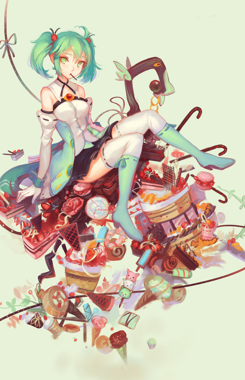 boots cake candy candy_cane cosplay elbow_gloves food gj-bu gloves green_eyes green_hair hair_ornament high_heel_boots high_heels highres kannazuki_tamaki looking_at_viewer nijino_yurika nijino_yurika_(cosplay) pocky rokujouma_no_shinryakusha!? saimon_ma short_hair short_twintails solo thighhighs twintails white_gloves white_legwear