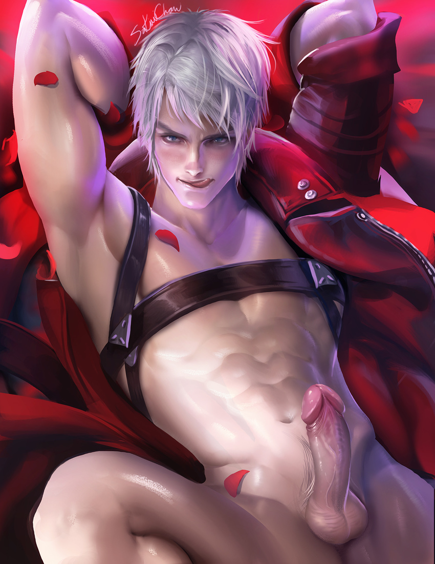 1boy abs armpits arms_behind_head blue_eyes coat dante_(devil_may_cry) devil_may_cry looking_at_viewer male_focus navel open_clothes open_coat petals red red_coat sakimichan short_hair smile solo uncensored unzipped upper_body white_hair