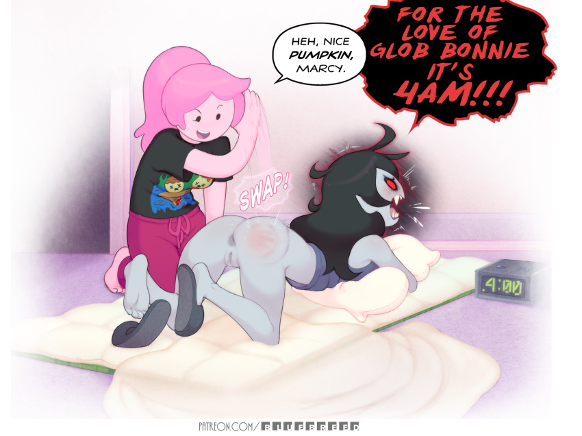 &gt;:o 2018 adventure_time alarm_clock angry anus awaken bed black_hair bluebreed breasts butt cartoon_network clock clothed clothing dialogue duo english_text female female/female fingers grey_skin hair hi_res humanoid inside long_hair mammal marceline_abadeer not_furry open_mouth pillow pink_hair pink_skin princess_bubblegum pussy red_eyes slapping_butt spank_marks spanking speech_bubble text toes vampire