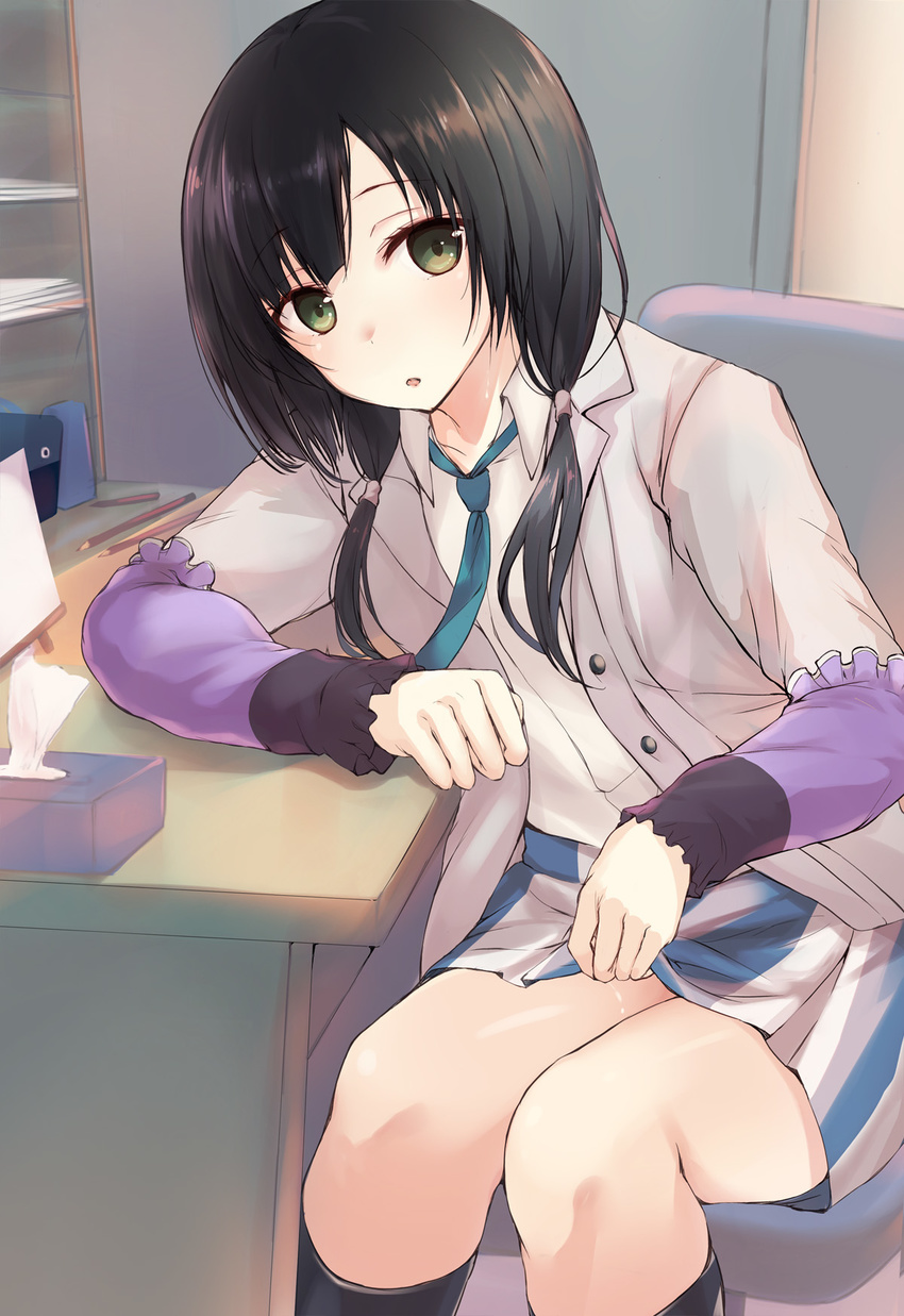 bad_id bad_pixiv_id bangs black_hair black_legwear blue_neckwear desk eyebrows_visible_through_hair frilled_sleeves frills green_eyes hair_tie highres indoors kneehighs layered_sleeves legs_together lifted_by_self long_hair looking_at_viewer low_twintails necktie on_chair open_mouth pencil shirobako shirt sitting skirt skirt_lift solo tissue_box tsuzuri_(itosousou) twintails white_shirt yasuhara_ema