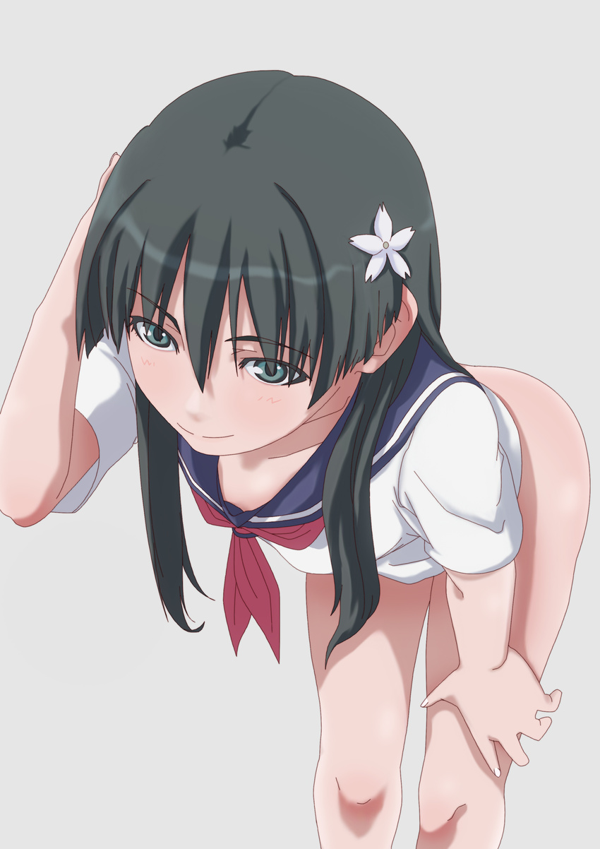 1girl bent_over black_hair bottomless female flower highres long_hair sailor_fuku saten_ruiko school_uniform solo to_aru_kagaku_no_railgun to_aru_majutsu_no_index toshipon