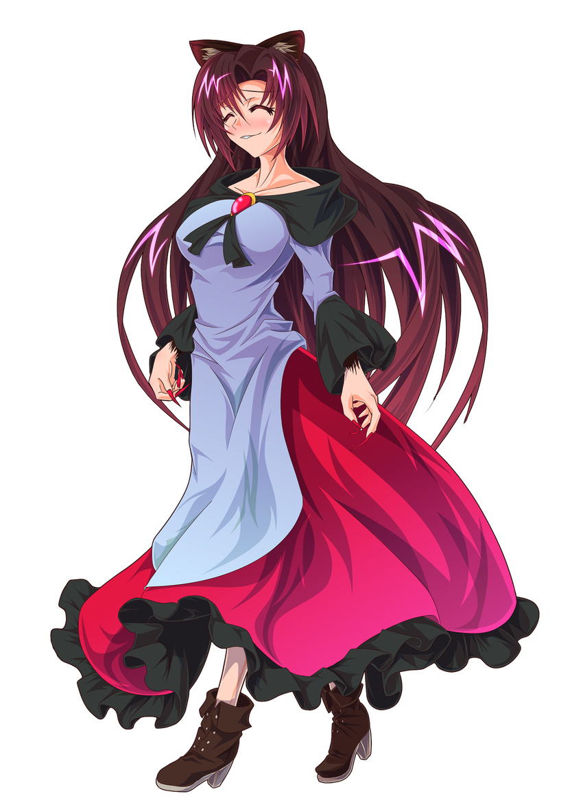 animal_ears blush breasts brooch brown_hair closed_eyes collarbone dress fingernails full_body fur highres imaizumi_kagerou jewelry large_breasts long_fingernails long_hair nail_polish red_eyes shiny shiny_hair smile solo tachi-e touhou transparent_background wolf_ears zephid