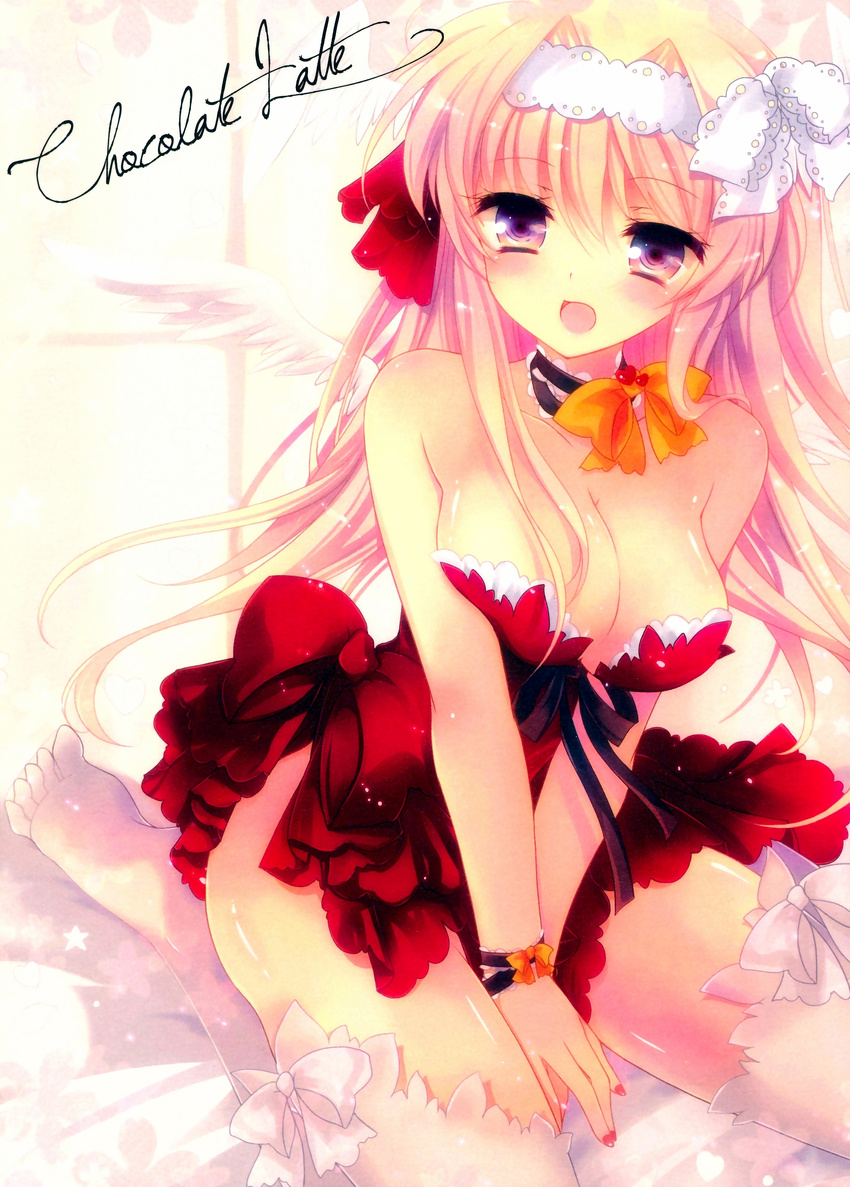 absurdres angel_wings bare_shoulders blonde_hair bow breasts choker cleavage hair_ribbon heart highres ichiyou_moka large_breasts long_hair looking_at_viewer nail_polish no_shoes open_mouth original purple_eyes red_nails red_skirt ribbon ribbon_choker sitting skirt solo thighhighs v_arms white_legwear white_wings wings wrist_ribbon