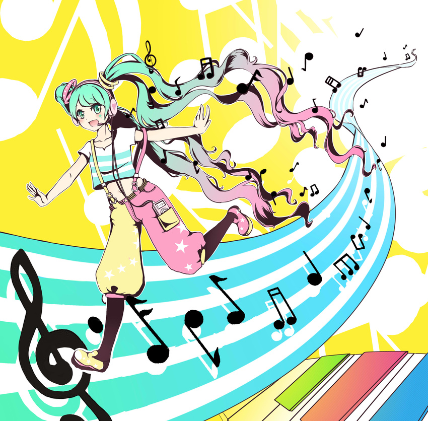 :d absurdres aqua_hair beamed_eighth_notes beamed_sixteenth_notes beamed_thirty-second_notes blush digital_media_player eighth_note gradient_hair green_eyes hatsune_miku headphones highres long_hair midriff mou_niu multicolored_hair musical_note navel open_mouth outstretched_arms pants pink_hair quarter_note sixteenth_note smile solo spread_arms suspenders tank_top treble_clef twintails vocaloid
