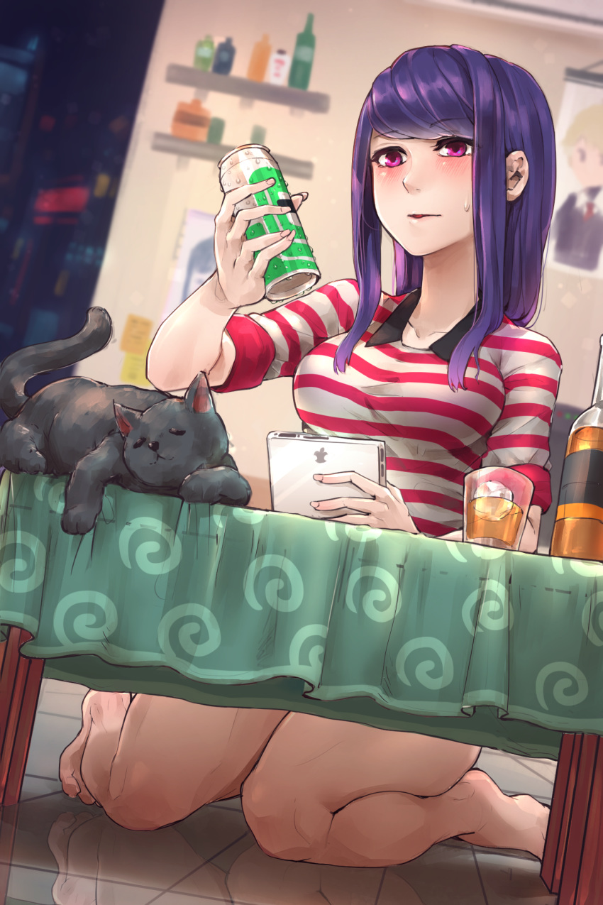 1girl alcohol alternate_hairstyle apple_inc. bangs barefoot beer_can black_cat blush brand_name_imitation breasts can cat drunk eyebrows_visible_through_hair fore hair_down highres ice ice_cube julianne_stingray knees_together_feet_apart medium_breasts mr.lime pink_eyes poster_(object) purple_hair striped sweatdrop swept_bangs table toes va-11_hall-a whiskey