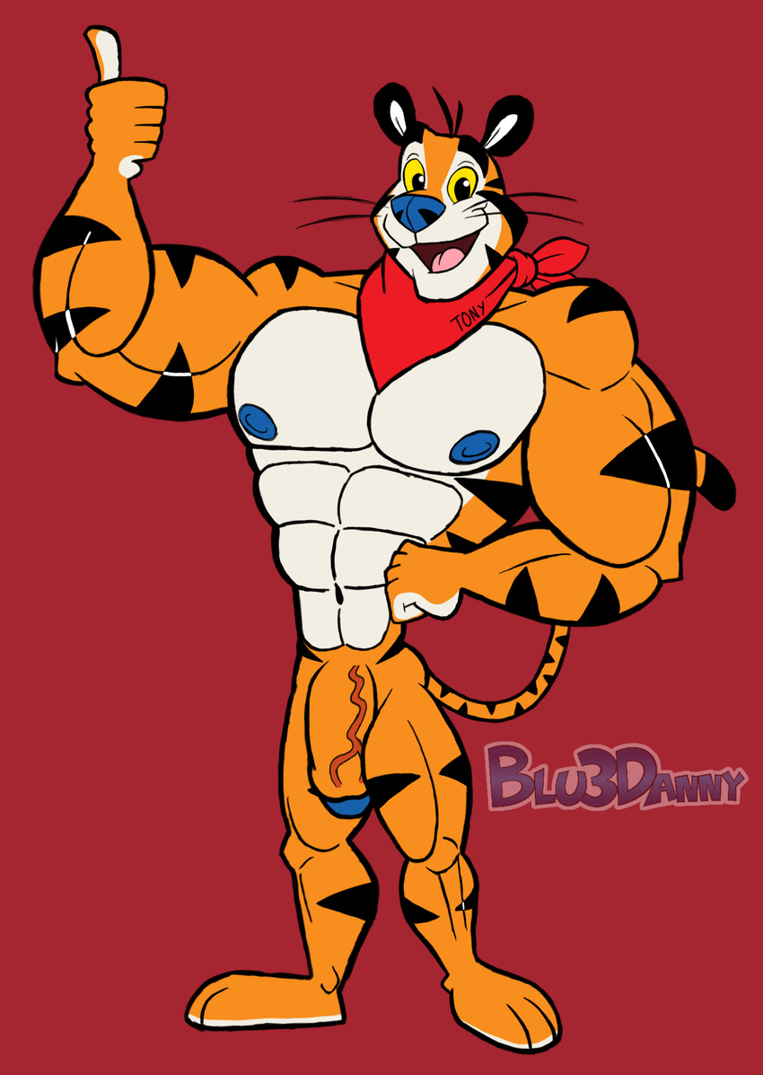 2015 abs biceps big_muscles big_penis blu3danny blue_penis feline flaccid flexing frosted_flakes kellogg's looking_at_viewer male mammal muscles nipples pecs penis scarf stripes tiger toned tony_the_tiger vein veiny_penis yellow_eyes
