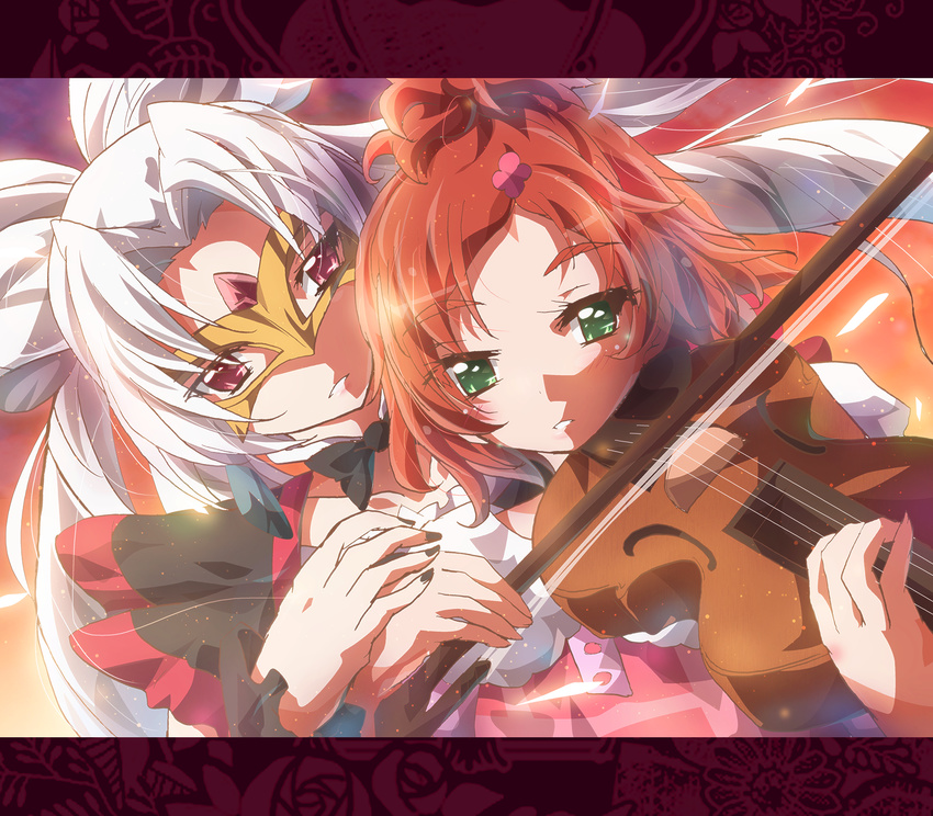 akagi_towa black_nails commentary_request go!_princess_precure green_eyes haruno_haruka highres inoshishi_(ikatomo) instrument letterboxed long_hair multiple_girls nail_polish precure red_eyes red_hair short_hair twilight_(go!_princess_precure) violin white_hair