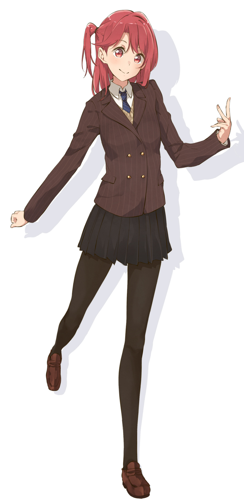 absurdres black_legwear blazer character_request copyright_request formal haine highres jacket looking_at_viewer necktie pantyhose pleated_skirt red_eyes red_hair side_ponytail simple_background skirt smile solo white_background
