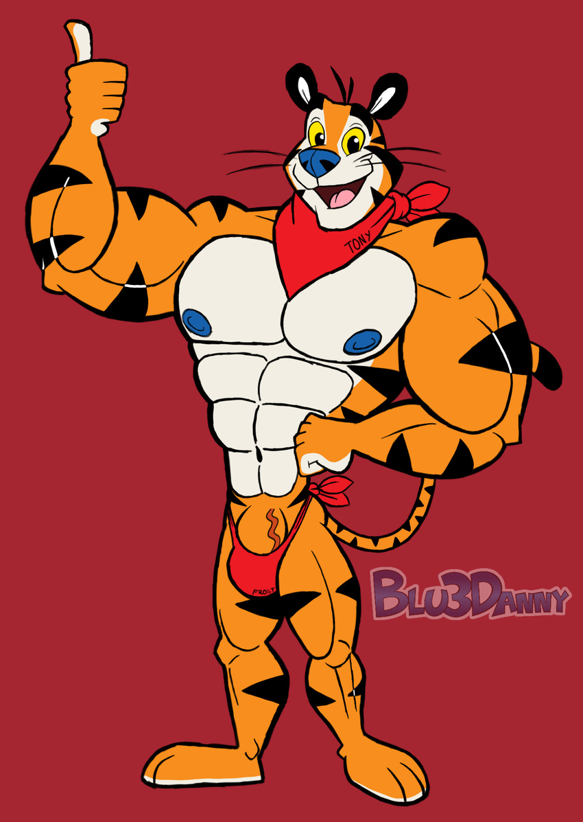 2015 abs biceps big_muscles big_penis blu3danny bulge clothing feline flexing frosted_flakes kellogg's looking_at_viewer male mammal muscles nipples pecs penis scarf speedo stripes swimsuit tiger toned tony_the_tiger vein