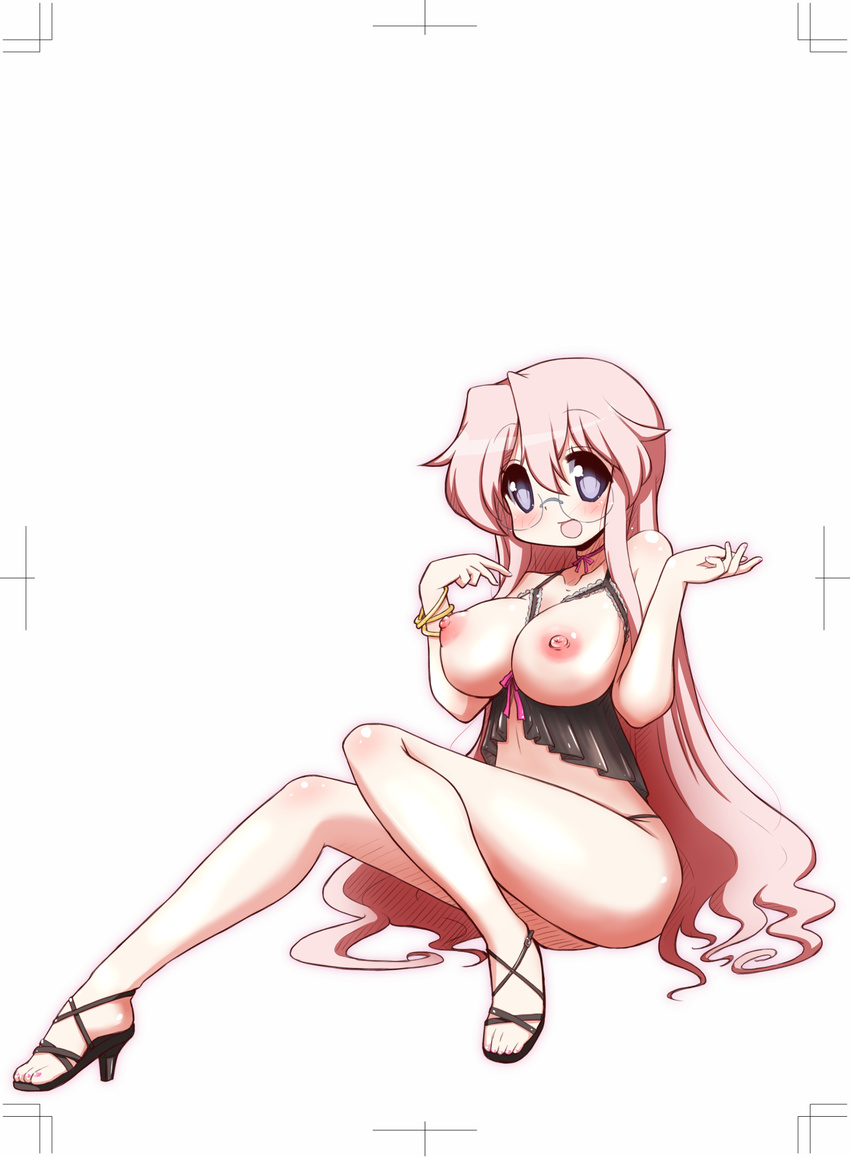 bad_id bad_pixiv_id blush bra bracelet breastless_clothes breasts cupless_bra glasses highres jewelry large_breasts lingerie long_hair looking_at_viewer lucky_star mizushima_(p201112) nipples pink_hair purple_eyes simple_background sitting smile solo takara_miyuki trim_marks underwear very_long_hair white_background
