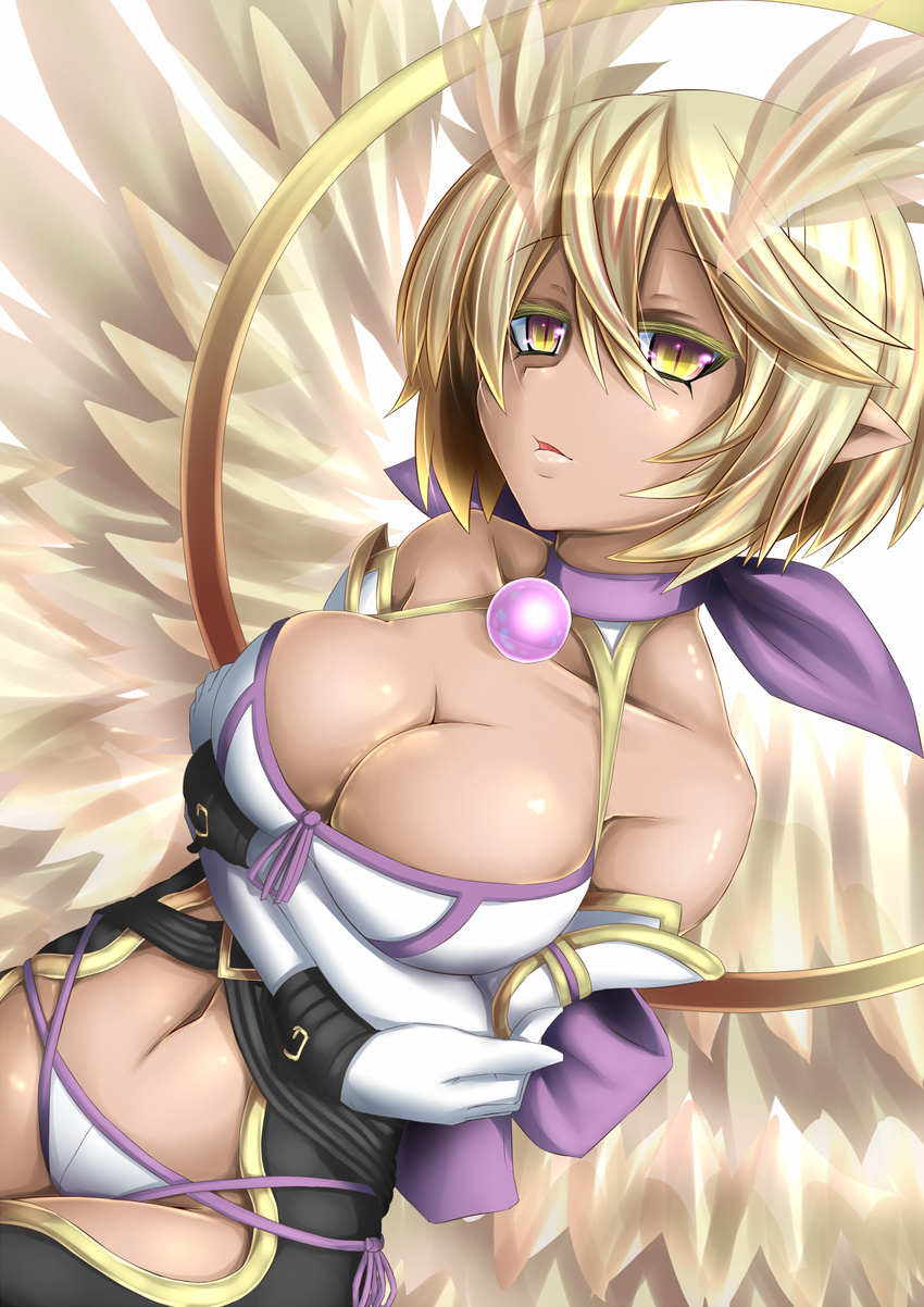 bad_id bad_pixiv_id bare_shoulders blonde_hair breast_hold breasts choker cleavage dark_skin elbow_gloves gloves highres jewelry juugoya_(zyugoya) large_breasts lilith_(shinrabanshou) looking_at_viewer navel panties parted_lips pointy_ears ring shinrabanshou short_hair side-tie_panties slit_pupils solo underwear wings yellow_eyes