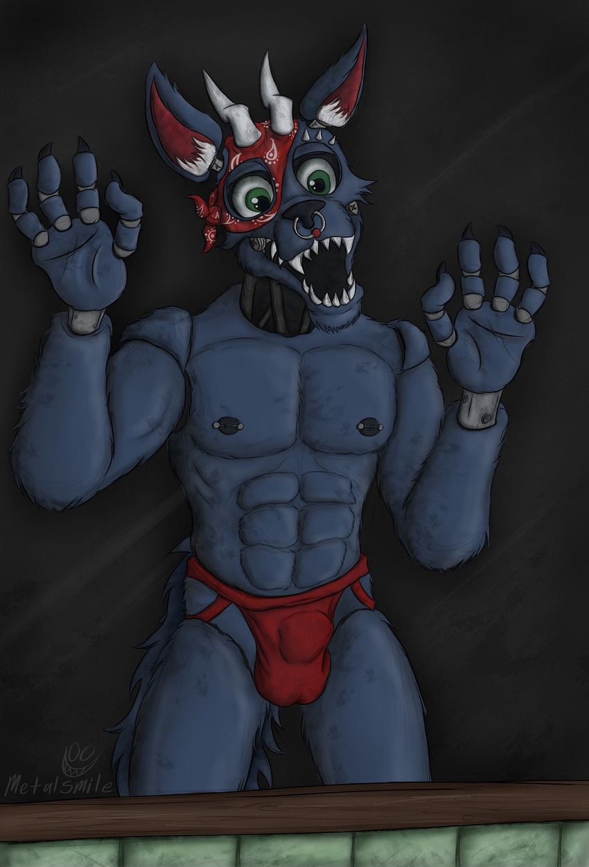2015 abs animatronic anthro bandanna biceps bipedal black_nose bulge canine claws clothed clothing facial_piercing fangs five_nights_at_freddy's fur green_eyes grin half-dressed horn invalid_tag jewelry jockstrap looking_at_viewer machine male mammal mechanical metalsmile muscles nipple_piercing nipples nose_piercing nose_ring paws pecs piercing robot septum_piercing solo standing teeth toned topless underwear video_games wolf