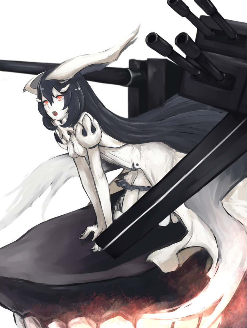 :o anchorage_water_oni bad_id bad_pixiv_id bare_shoulders bent_over black_hair breasts dress fire highres horns kantai_collection long_hair monster open_mouth orange_eyes overskirt runway shinkaisei-kan simple_background small_breasts solo takagaki_eru turret very_long_hair white_background white_dress white_skin