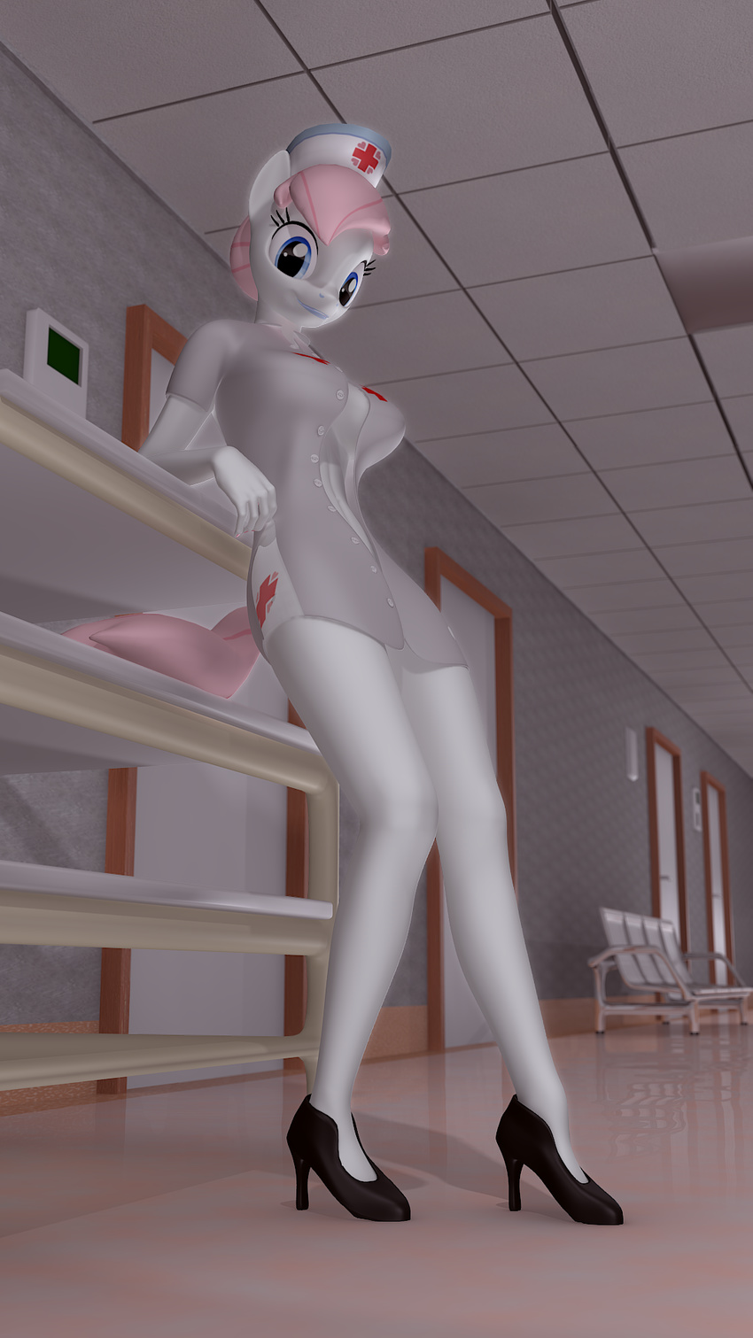 3d anthro bottomless breasts cgi clothed clothing equine female friendship_is_magic half-dressed horse inside leaning leaning_back looking_at_viewer mammal my_little_pony nurse_redheart_(mlp) pinup pony pose solo zetharious