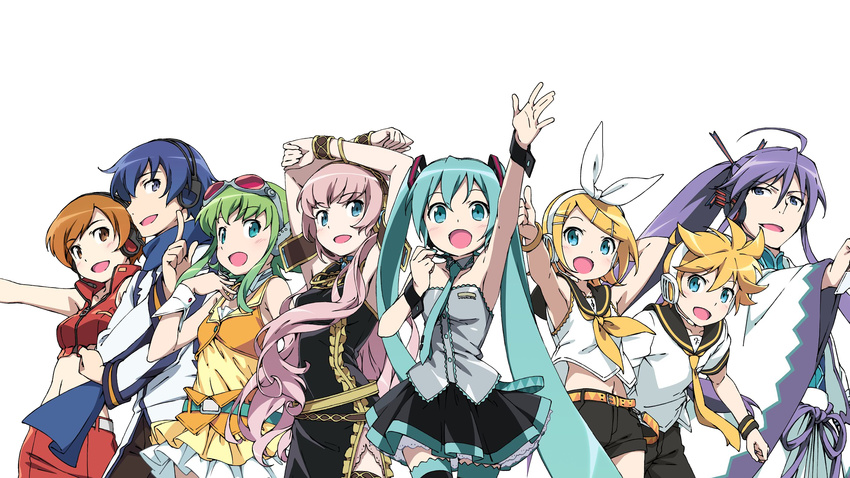 5girls alternate_costume aqua_eyes armpits blonde_hair blue_eyes blue_hair brown_hair detached_sleeves exit_tunes fan gackpoid_(vocaloid3) goggles green_eyes green_hair gumi hair_ornament hair_ribbon hairclip hatsune_miku highres kagamine_len kagamine_rin kaito kamui_gakupo kanzaki_hiro long_hair megurine_luka meiko multiple_boys multiple_girls necktie pink_hair purple_eyes purple_hair ribbon short_hair shorts skirt thighhighs twintails very_long_hair vocaloid white_background zettai_ryouiki