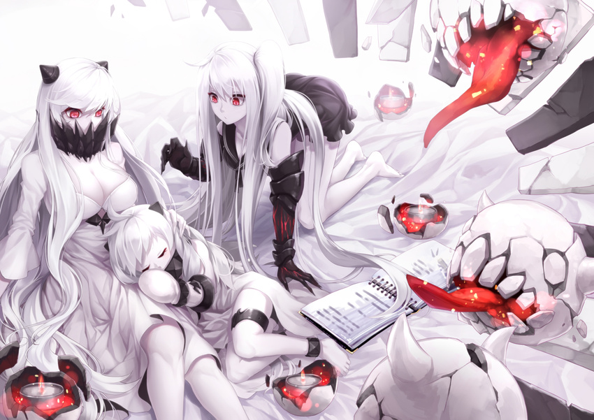 aircraft_carrier_oni barefoot breasts cleavage closed_eyes covered_mouth curry_bowl dress enemy_aircraft_(kantai_collection) gauntlets gloves highres kantai_collection kneeling large_breasts long_hair midway_hime multiple_girls no_legwear northern_ocean_hime one_side_up pale_skin red_eyes revision sailor_dress shinkaisei-kan short_dress sleeping tongue tongue_out very_long_hair white_dress white_gloves white_hair