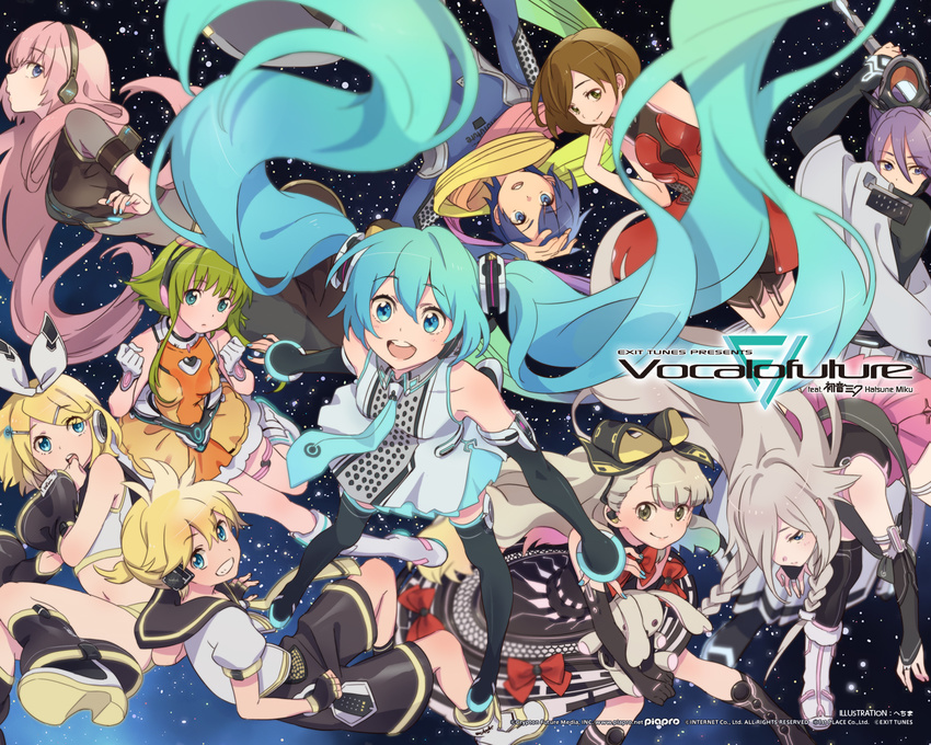 6+girls ahoge anime_coloring ankle_boots arm_up arm_warmers artist_name bare_shoulders black_footwear black_legwear blonde_hair blue_eyes blue_hair boots braid brother_and_sister brown_eyes brown_hair choker coat copyright crop_top detached_sleeves dress elbow_gloves exit_tunes gloves goggles goggles_on_head gothic_lolita green_eyes green_hair gumi hair_ornament hair_ribbon hairclip hatsune_miku headphones headset ia_(vocaloid) issindotai japanese_clothes kagamine_len kagamine_rin kaito kamui_gakupo knee_boots leg_warmers lolita_fashion long_hair looking_at_viewer mayu_(vocaloid) megurine_luka meiko multicolored multicolored_clothes multicolored_scarf multiple_boys multiple_girls necktie off_shoulder open_mouth piano_print pink_hair ponytail purple_hair ribbon sailor_collar scarf shirt short_hair shorts siblings skirt sleeveless sleeveless_shirt smile stuffed_animal stuffed_bunny stuffed_toy sword text_focus thigh_boots thighhighs twin_braids twins twintails usano_mimi very_long_hair vocaloid wallpaper weapon white_footwear wide_sleeves yellow_eyes zettai_ryouiki