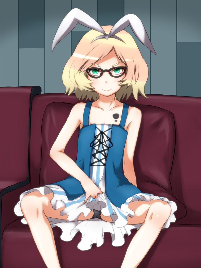 1boy 4shi animal_ears bare_arms bare_shoulders black-framed_glasses black_panties blonde_hair blush bulge bunny_ears collarbone couch crossdressing dress dress_lift fake_animal_ears frilled_dress frills gatchaman_crowds glasses green_eyes hairband holding laces light_smile looking_at_viewer ninomiya_rui panties panty_peek pillow short_hair sitting skirt_hold sleeveless smile solo spread_legs striped striped_dress tattoo trap underwear wig