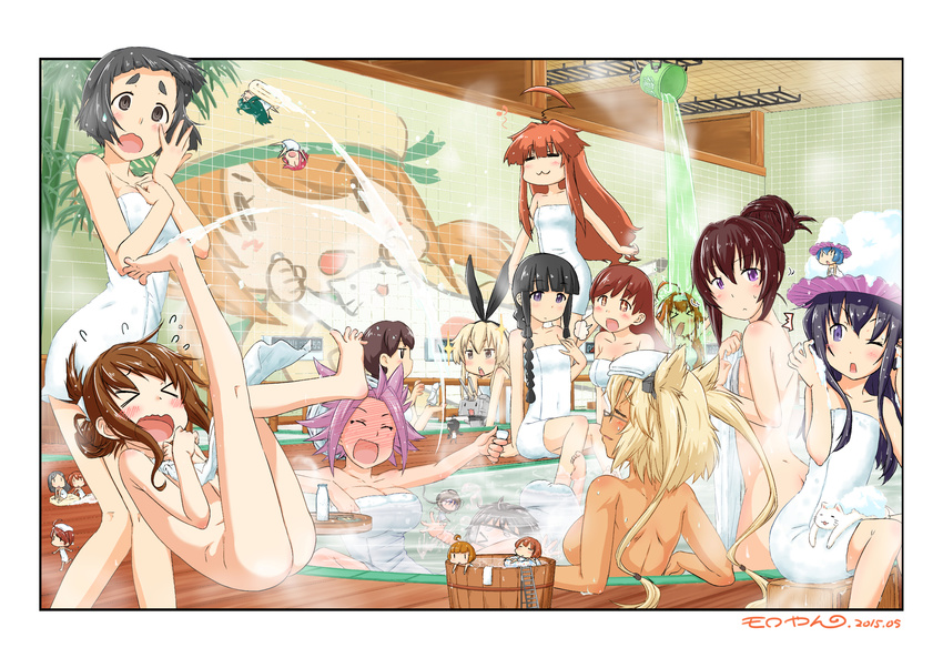 &gt;_&lt; 6+girls :&lt; :3 =_= ahoge akatsuki_(kantai_collection) alcohol ass barefoot bath bathhouse black_eyes black_hair blonde_hair blue_hair blush bottle braid breasts brown_hair bucket cat choko_(cup) closed_eyes commentary_request covering cup dark_skin diving_helmet drunk error_musume fairy_(kantai_collection) full-face_blush girl_holding_a_cat_(kantai_collection) glasses goggles hair_bun headband helmet highres inazuma_(kantai_collection) jun'you_(kantai_collection) kaga_(kantai_collection) kantai_collection kitakami_(kantai_collection) kongou_(kantai_collection) kuma_(kantai_collection) ladder large_breasts maru-yu_(kantai_collection) moroyan multiple_girls musashi_(kantai_collection) myoukou_(kantai_collection) naked_towel nude nude_cover onsen ooi_(kantai_collection) open_mouth partially_submerged pink_hair purple_eyes red_hair rensouhou-chan sake sake_bottle shampoo shampoo_hat shimakaze_(kantai_collection) short_hair sideboob sitting slipping soaking_feet soap steam towel towel_on_head tray tripping water wooden_bucket yamato_(kantai_collection) |_|