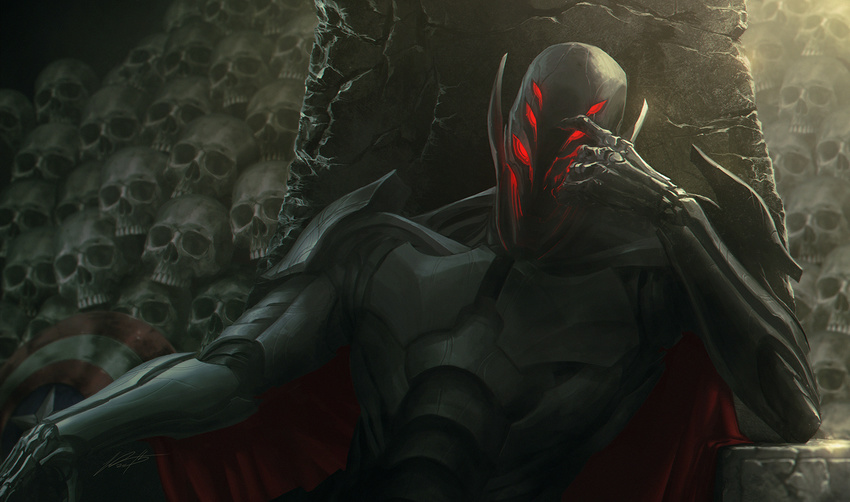 cape extra_eyes glowing glowing_eyes highres jimmy_xu looking_at_viewer marvel multiple_eyes realistic robot shield signature skull throne ultron