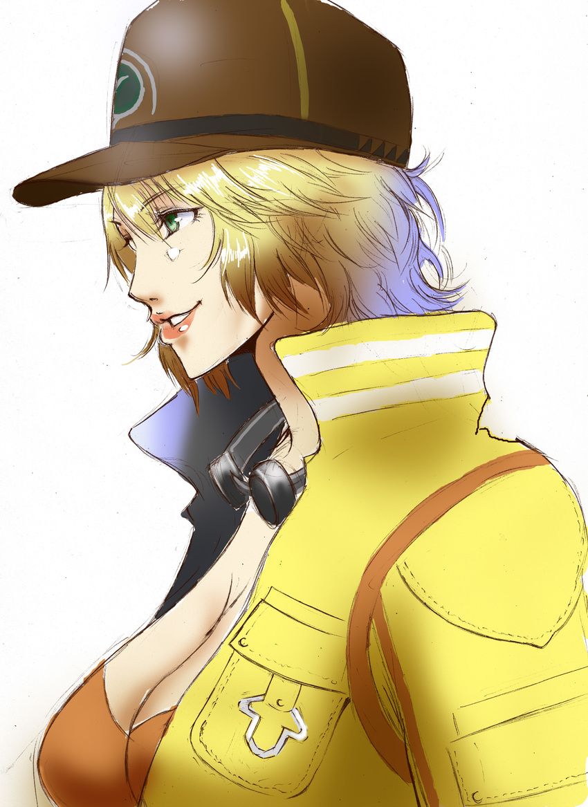 absurdres baseball_cap blonde_hair breasts cidney_aurum cleavage dirty_face final_fantasy final_fantasy_xv from_side goggles goggles_around_neck green_eyes hat high_collar highres jacket large_breasts lips lipstick makeup nose short_hair smile solo ta-chun