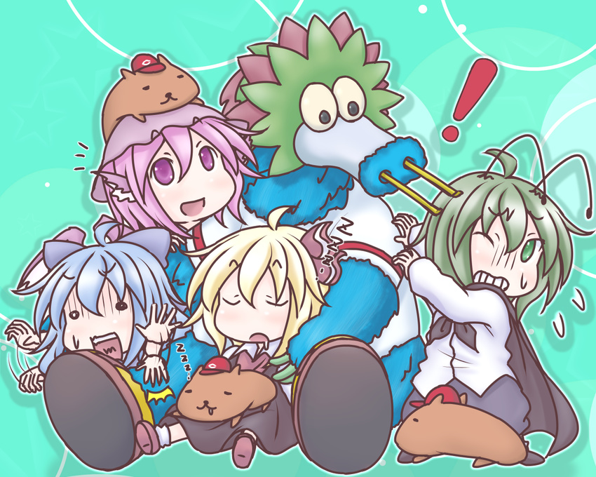 4girls :d animal bad_id bad_pixiv_id blonde_hair blue_hair cape cirno dress flying_sweatdrops green_eyes green_hair hair_ribbon hiroshima_touyou_carp mascot micky_(hiroshima_touyou_carp) multiple_girls mystia_lorelei nippon_professional_baseball one_eye_closed open_mouth pink_hair purple_eyes ribbon rumia shirt short_hair shorts sleeping slyly smile sweat takanoru team_9 touhou wings wriggle_nightbug zzz