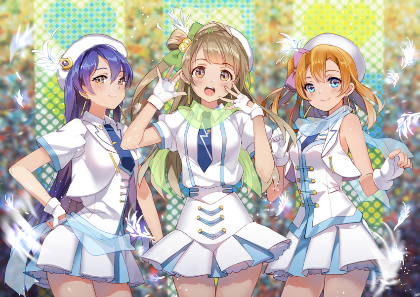 :o bangs blonde_hair blue_eyes blue_hair bow brown_eyes contrapposto cowboy_shot earrings feathers fingerless_gloves gloves hair_between_eyes hair_bow hair_ornament hairclip hand_on_hip hat hat_feather jacket jewelry kousaka_honoka light_brown_hair long_hair love_live! love_live!_school_idol_project matching_outfit minami_kotori multiple_girls necktie one_side_up open_clothes open_jacket open_mouth pleated_skirt puffy_short_sleeves puffy_sleeves scarf see-through sheska_xue shirt short_sleeves skirt skirt_set sleeveless smile sonoda_umi standing thigh_gap very_long_hair white_gloves wonderful_rush