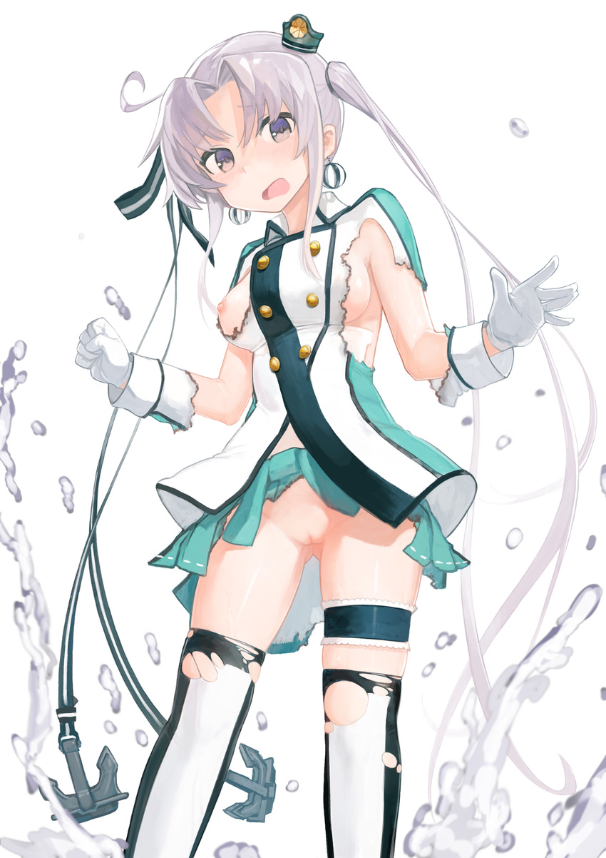 absurdres akitsushima_(kantai_collection) anchor breasts gloves hat highres kantai_collection kylin large_breasts lavender_hair leg_garter long_hair mini_hat miniskirt nipples open_mouth purple_eyes pussy skirt solo thighhighs torn_clothes torn_legwear very_long_hair white_gloves