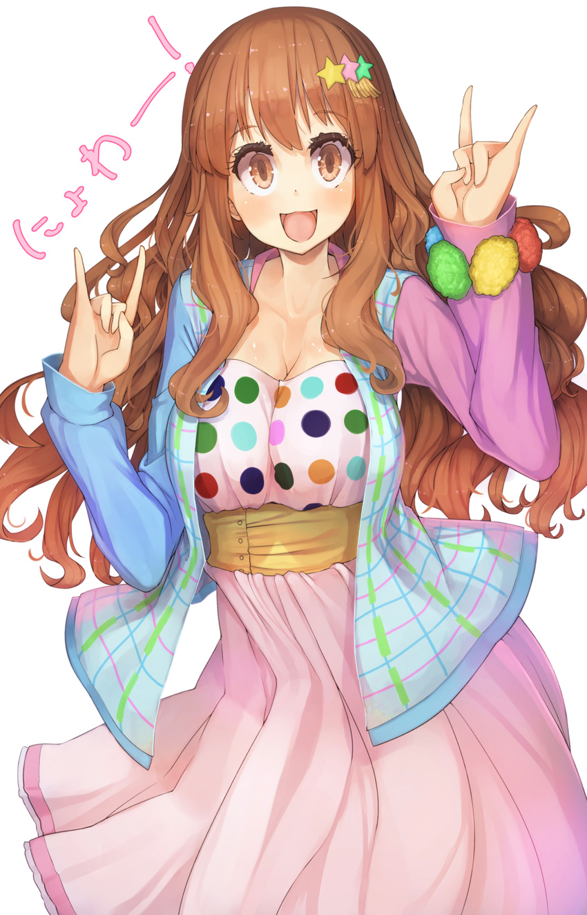 :3 \n/ blush breasts brown_eyes brown_hair catchphrase cleavage colorful curly_hair double_\n/ dress hair_ornament hand_gesture highres idolmaster idolmaster_cinderella_girls large_breasts long_hair moroboshi_kirari open_mouth oruka_(kamituki0827) pink_dress polka_dot simple_background smile solo star star_hair_ornament white_background