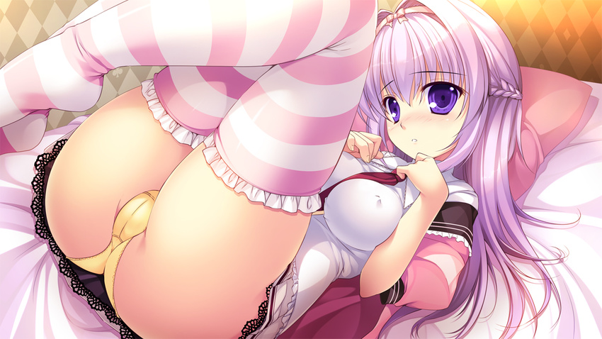 1girl artist_request ass bed blush character_request clothes_on erect_nipples game_cg indoors legs_up looking_at_viewer necktie panties purple_eyes purple_hair school_uniform skirt solo source_request thighhighs tie underwear yellow_panties