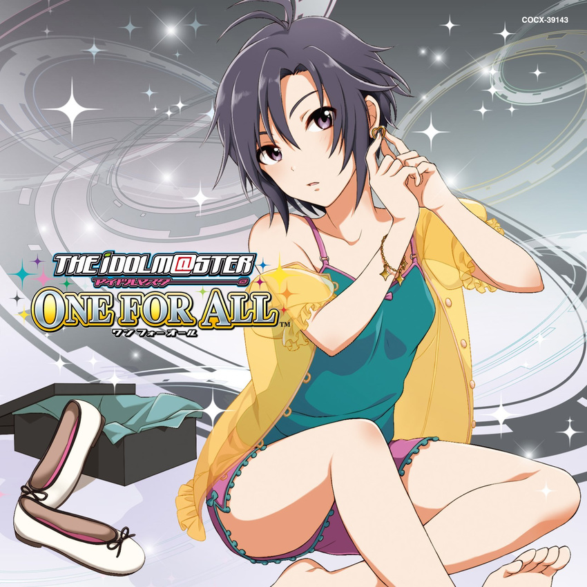 album_cover barefoot black_eyes black_hair cardigan cover earrings highres idolmaster idolmaster_(classic) jewelry jpeg_artifacts kikuchi_makoto shoebox shoes shorts