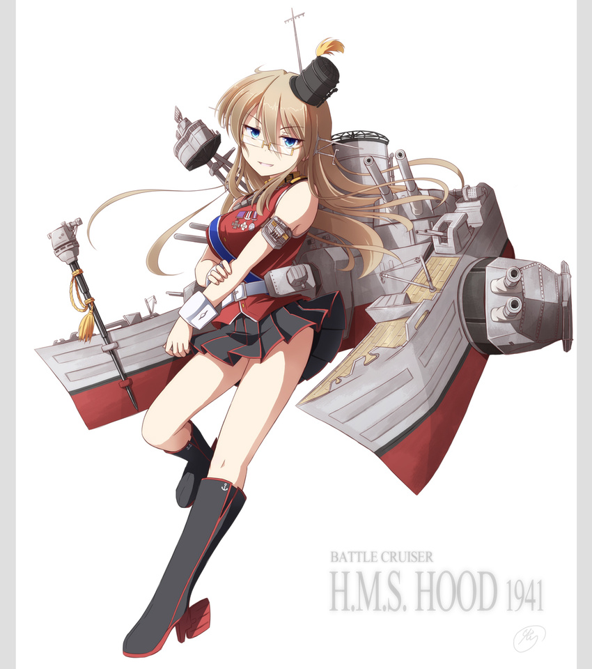 boots breasts brown_hair character_name glasses hat highres hms_hood kantai_collection large_breasts light_brown_hair long_hair mecha_musume miniskirt original skirt solo tri turret