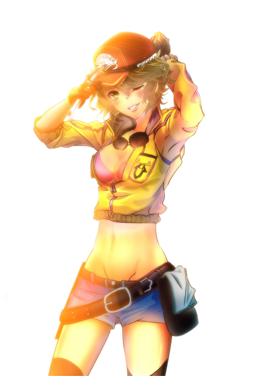 ;d arms_up baseball_cap belt belt_pouch bikini_top black_gloves black_legwear blonde_hair breasts cidney_aurum cleavage cowboy_shot cropped_jacket denim denim_shorts dirty_face final_fantasy final_fantasy_xv furisode_(pixilvina) gloves goggles goggles_around_neck green_eyes hat highres lips medium_breasts midriff multiple_belts navel one_eye_closed open_mouth pouch short_hair short_shorts shorts smile solo thighhighs wrench