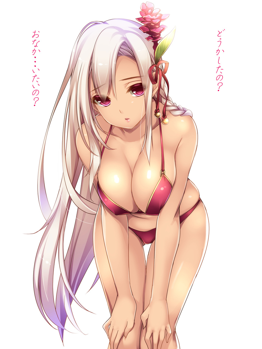 bare_shoulders bikini blush braid breasts cleavage flower flower_knight_girl hair_flower hair_ornament hair_over_one_eye hands_on_own_knees highres large_breasts leaning_forward long_hair looking_at_viewer moneti_(daifuku) red_bikini red_eyes red_ginger_(flower) red_ginger_(flower_knight_girl) silver_hair simple_background single_braid solo swimsuit thigh_gap translated very_long_hair white_background