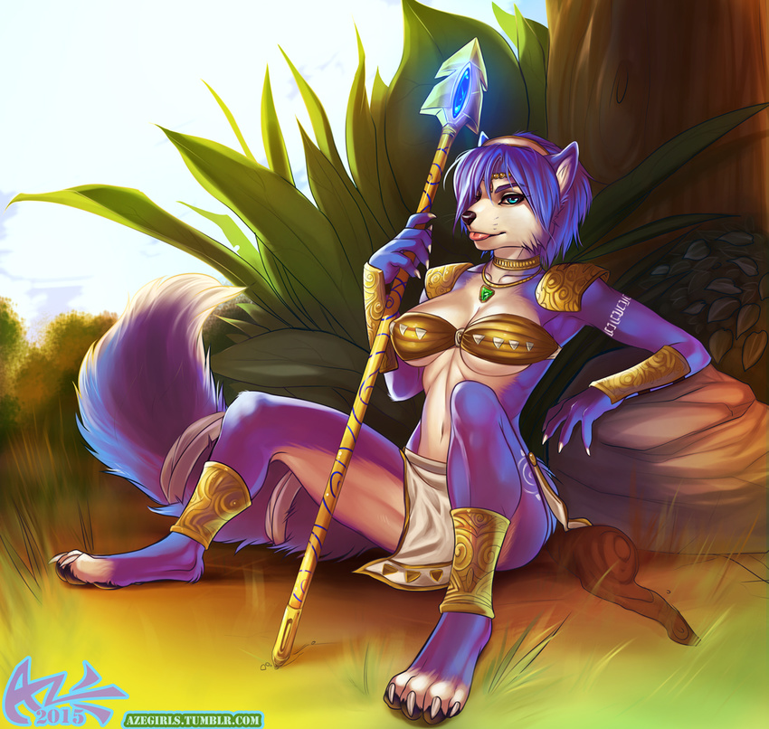 2015 anthro azelyn blue_fur canine female fox fur krystal leaves mammal nintendo polearm sitting spear star_fox tongue tongue_out video_games weapon