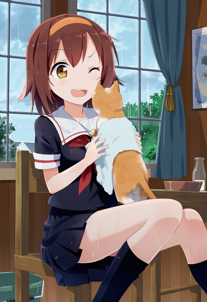 ;d ayuya_naka_no_hito black_legwear black_serafuku black_skirt bottle brown_eyes brown_hair cat chair cloud curtains day gochou_(atemonai_heya) hairband highres indoors kantai_collection kneehighs milk_bottle neckerchief one_eye_closed open_mouth orange_hairband pleated_skirt sailor_collar school_uniform serafuku shiratsuyu_(kantai_collection) short_hair sitting skirt sky smile solo towel tree wet wet_clothes window