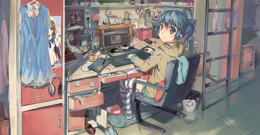 akiyama_mio alternate_costume annotation_request beats_by_dr._dre blue_eyes blue_hair blush book cactus calendar_(object) cellphone chinese_commentary cirno clock commentary_request computer crossover desk desk_lamp digital_media_player drawing_board earphones from_behind hakurei_reimu hatsune_miku headphones highres indoors ipod k-on! kantai_collection keyboard_(computer) ladder lamp laptop locker looking_at_viewer looking_back minecraft misaka_mikoto mouse mousepad_(object) mukaido_manaka multiple_crossover nagi_no_asukara nakano_azusa panties pencil_sharpener phone ponytail poster_(object) recycling_symbol reflection scissors shimakaze_(kantai_collection) shirt shoes skirt slippers smartphone solo striped striped_legwear stylus tablet thighhighs to_aru_majutsu_no_index touhou trash_can underwear vocaloid white_shirt zhongye_yu