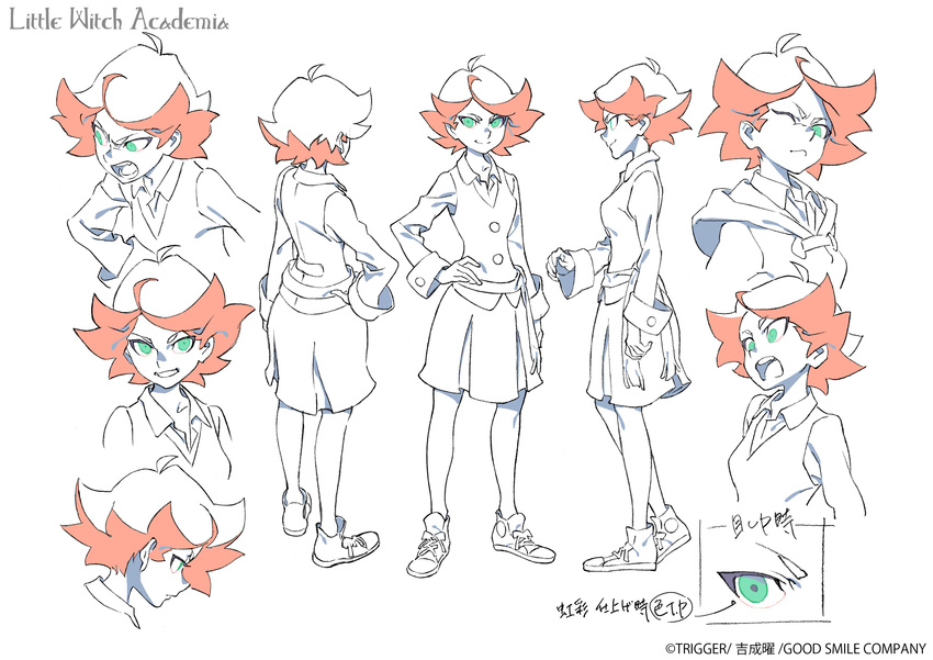 1girl absurdres amanda_o&rsquo;neill amanda_oâ€™neill character_sheet expressions green_eyes hand_on_hip highres little_witch_academia little_witch_academia_2 multiple_views open_mouth red_hair short_hair skirt smirk standing sweater_vest traditional_media trigger_(company) witch