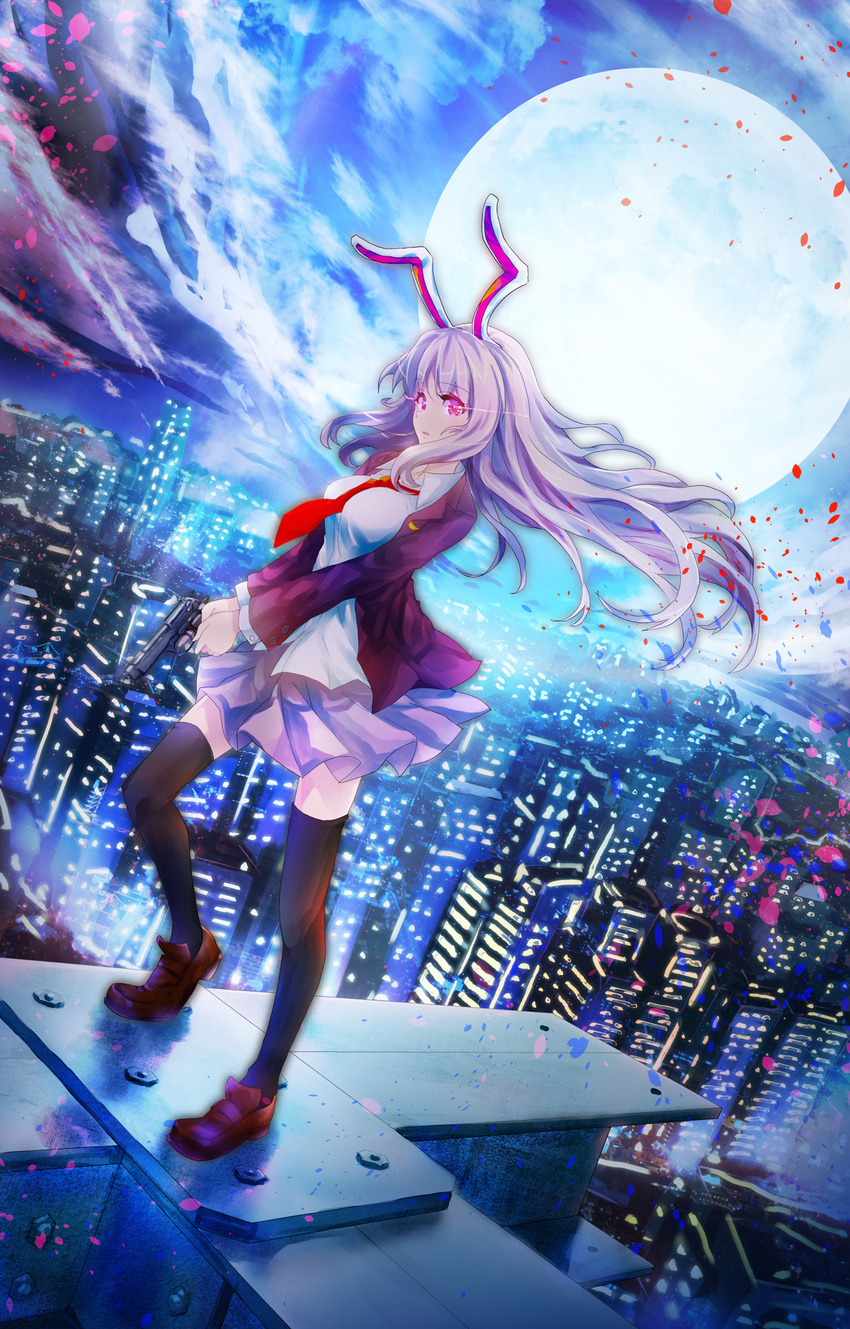 animal_ears beretta_92 black_legwear blazer breasts bunny_ears city city_lights cityscape cloud full_moon gun handgun highres jacket k2pudding large_breasts light_trail long_hair looking_at_viewer miniskirt moon neckerchief night open_blazer open_clothes open_jacket petals pink_eyes pistol pleated_skirt reisen_udongein_inaba shirt silver_hair skirt sky solo thighhighs touhou v_arms very_long_hair weapon wind zettai_ryouiki