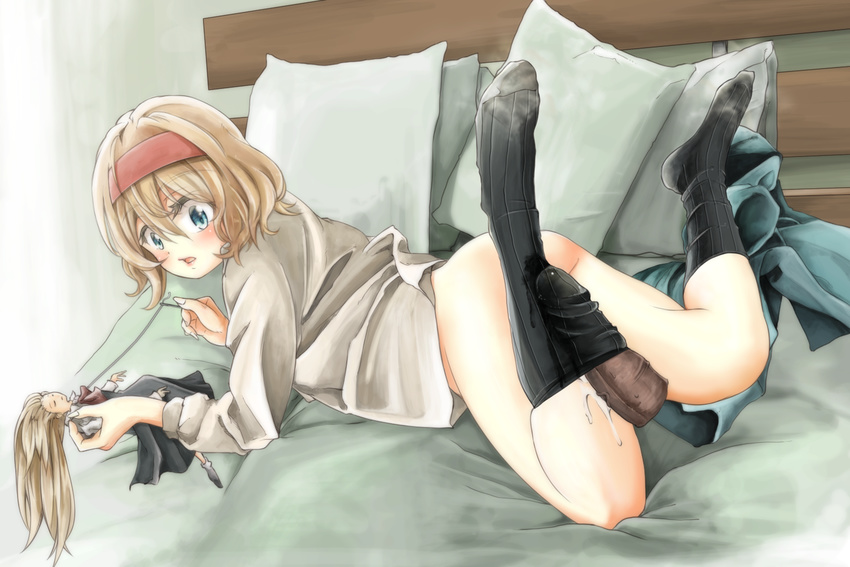 1girl alice_margatroid ass bad_id bad_pixiv_id banned_artist blonde_hair blue_eyes bottomless cum cum_in_clothes hairband hetero looking_at_viewer looking_back lying on_stomach penis shanghai_doll short_hair sock_on_penis sockjob socks touhou tsushima_(kaikyo)