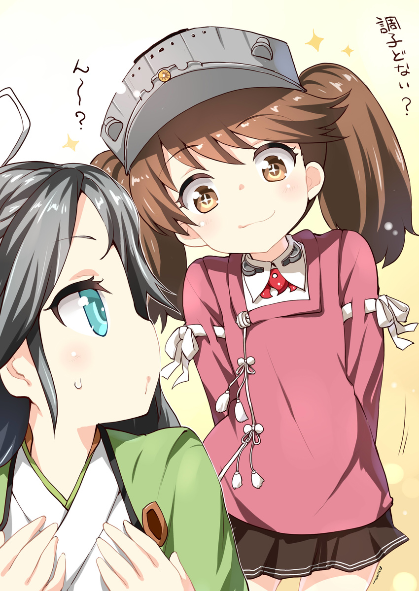 2girls absurdres ahoge arms_behind_back artist_name black_hair black_skirt blue_eyes blush brown_eyes brown_hair commentary gradient gradient_background hand_on_back hat high_collar highres japanese_clothes jewelry kantai_collection katsuragi_(kantai_collection) kimono long_hair long_sleeves looking_at_another looking_back magatama miniskirt multiple_girls necklace ribbon-trimmed_sleeves ribbon_trim ryuki_(ryukisukune) ryuujou_(kantai_collection) shadow skirt smile sparkle standing sweat sweatdrop symbol-shaped_pupils translated twintails v_arms visor_cap