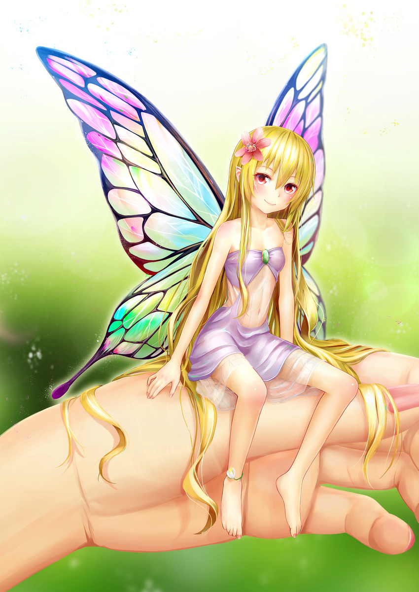absurdly_long_hair anklet arms_at_sides bangs bare_shoulders barefoot blonde_hair blush brooch butterfly_wings center_opening dress fairy fingernails flower foot_dangle full_body green_background hair_flower hair_ornament hands head_tilt highres jewelry legs long_hair looking_at_viewer minigirl nail_polish navel original out_of_frame pink_nails pointy_ears purple_dress red_eyes sitting smile solo_focus strapless strapless_dress toenail_polish toenails very_long_hair vvsl wings