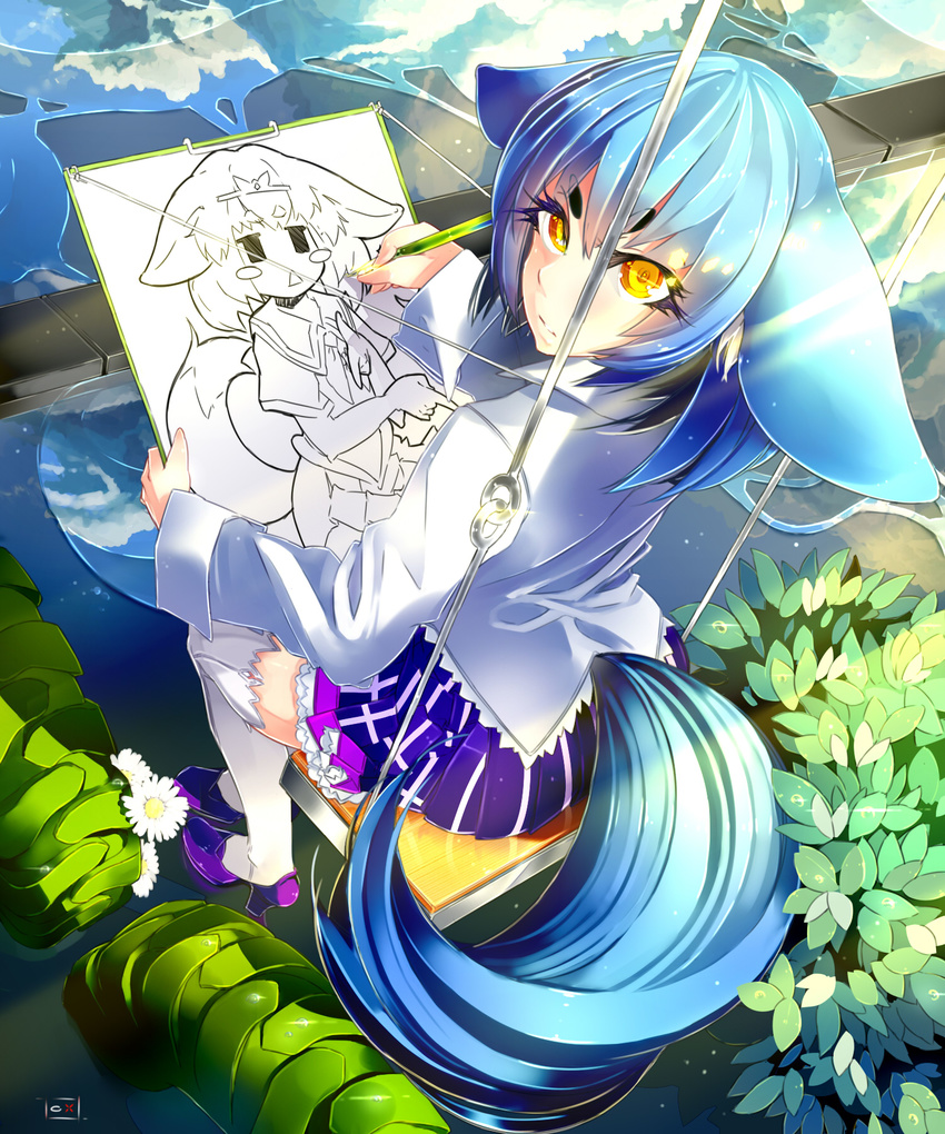 animal_ears artist_painter blue_hair blush_stickers bush drawing eyelashes flower from_above high_heels highres light_particles light_rays long_sleeves looking_at_viewer original outdoors oxykoma pencil pleated_skirt puddle purple_footwear reflection shirt shoes sitting skirt solo swing tail thighhighs tire water water_drop white_legwear white_shirt yellow_eyes