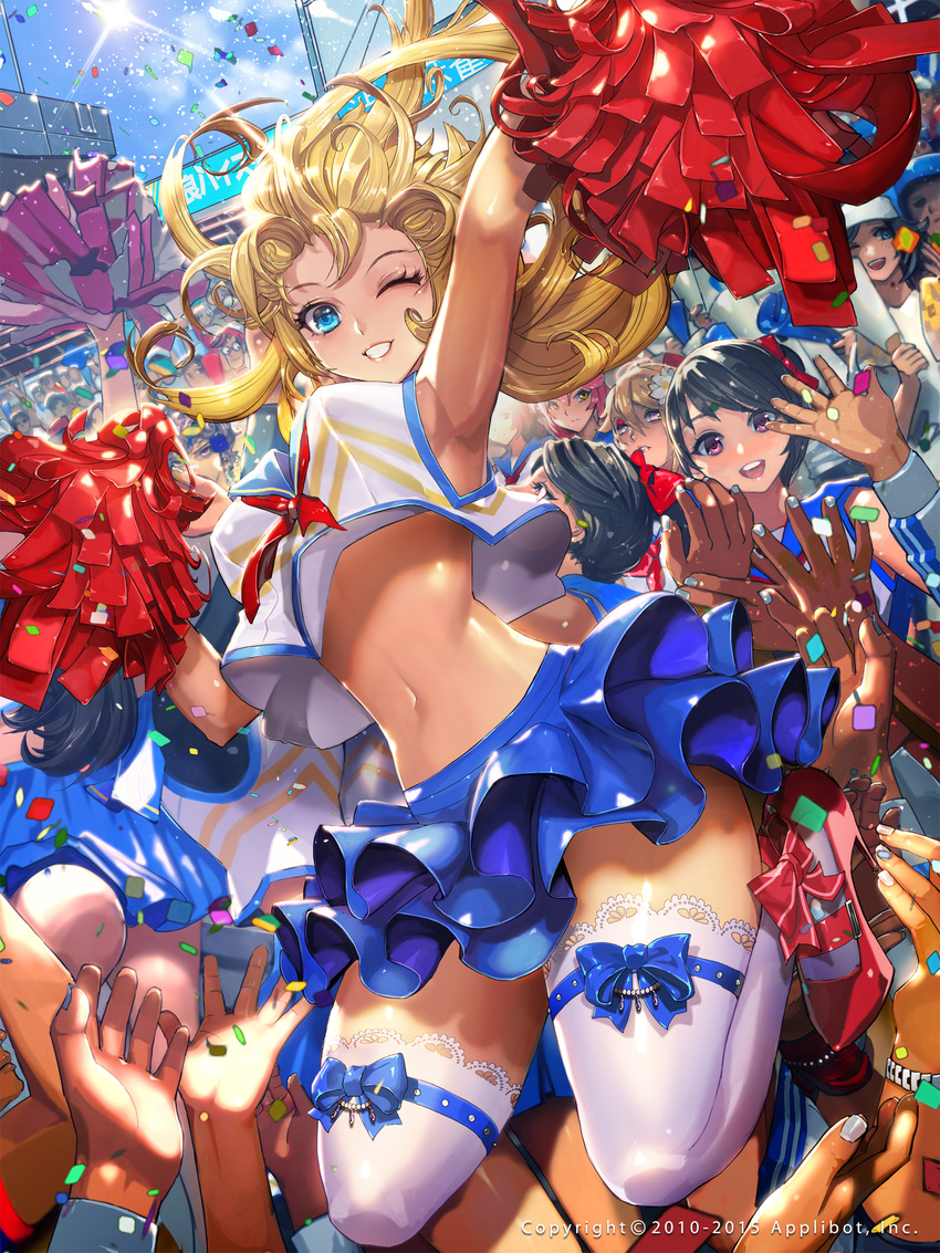 arm_up armpits black_hair blonde_hair blue_eyes cheerleader confetti crop_top crop_top_overhang crowd day furyou_michi_~gang_road~ grin hiasa_lily high_heels highres jumping lace lace-trimmed_thighhighs long_hair looking_at_viewer midriff navel one_eye_closed pom_poms purple_eyes short_hair skirt sky smile solo_focus thighhighs wally waving where's_wally white_legwear xaxak zettai_ryouiki